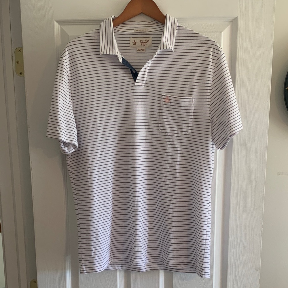 Original Penguin White and Navy Striped Polo Shirt